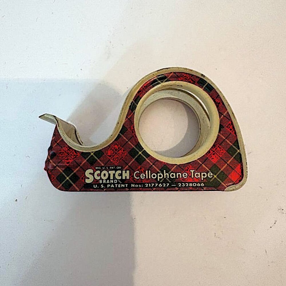 Vintage 50's Scotch Brand Small GIFT TAPE Dispenser Christmas Red Tartan Plaid